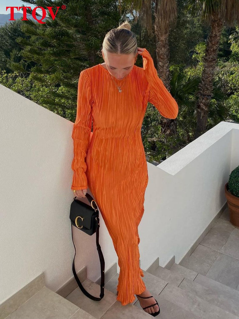 kamames Fashion Orange Women'S Dress 2022 Bodycon O-Neck Long Sleeve Maxi Dress Ladies Elegant Slim Classic Pleated Party Dresses