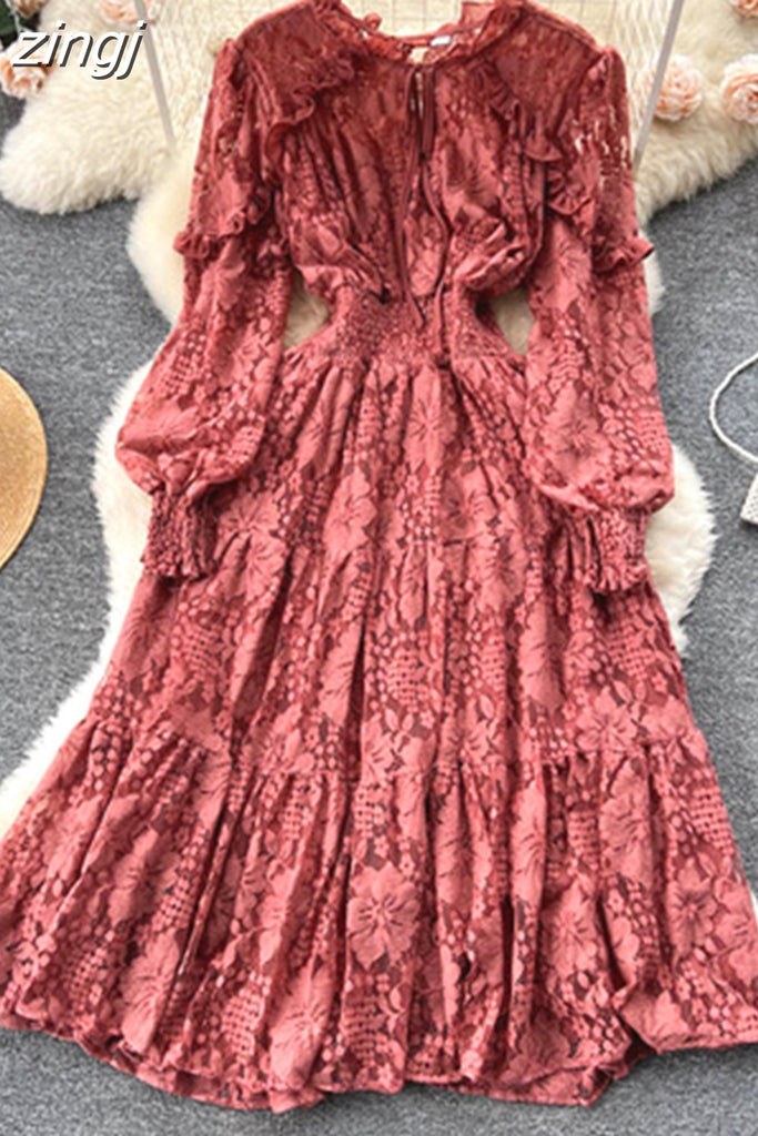 kamames Autumn Women Lace Midi Dress Vintage Round Neck Lantern Long Sleeve High Waist A-Line Elegant Party Robe New Fashion 2023
