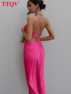 kamames Sexy Strap Pink Satin Dress Summer Sleeveless Hollow Out Midi Dress Bodycon Lace-up Backless Party Dresses For Women 2022
