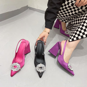 kamames Quality Spring Summer Women's Shoes 2022 New Fashion Rhinestone Banquet Women Pointed Toe High Heels Chunky Heel Sandals