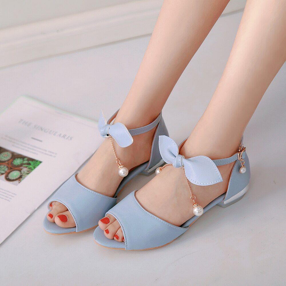 kamames SGESVIER Ladies Low Heel Sandals 2018 New Summer Peep Toe Buckle Strap Bowtie Shoes Woman Party Shoes White Blue Pink B12