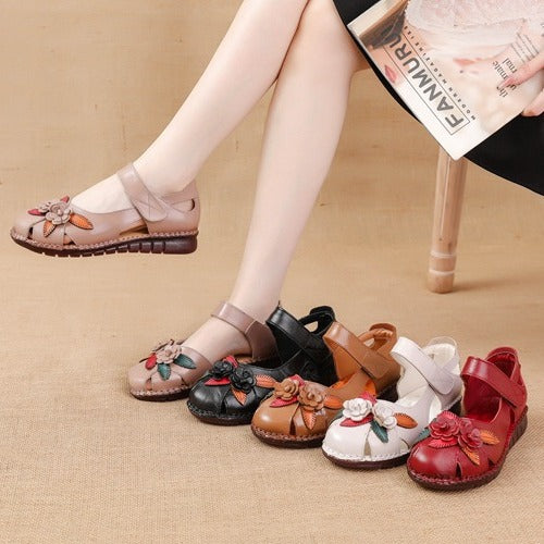 kamames Head Layer Cowhide Cow Tendon Bottom Mother Shoes Flat Sandals Hole Hole Anti-Slip Soft Bottom Soft Surface National Wind