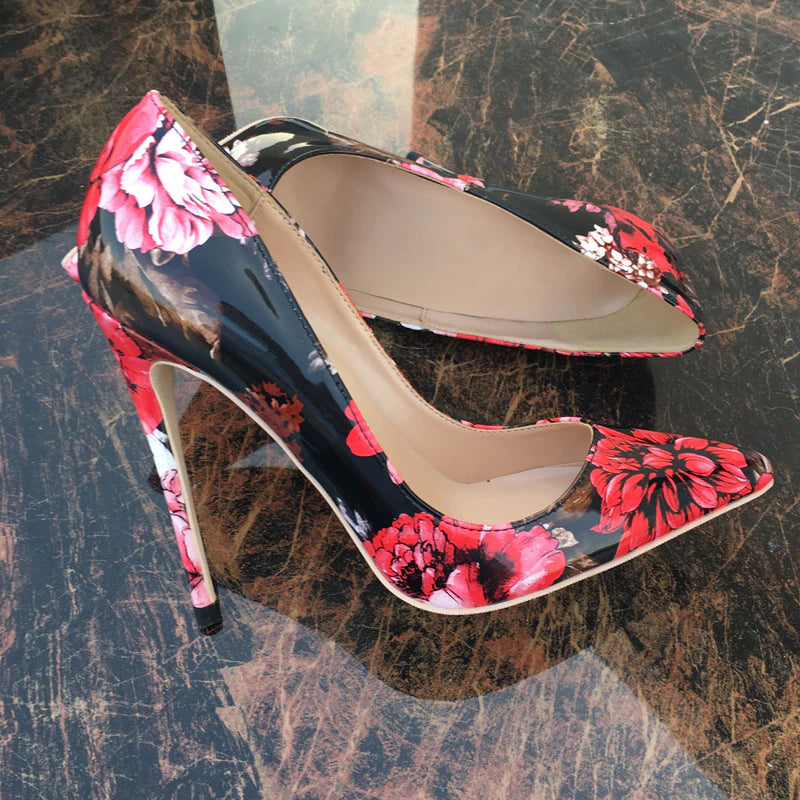 kamames red black flower pointed toe new ladies high-heeled shoes women's shoes 12cm extreme high heel QP061 ROVICIYA