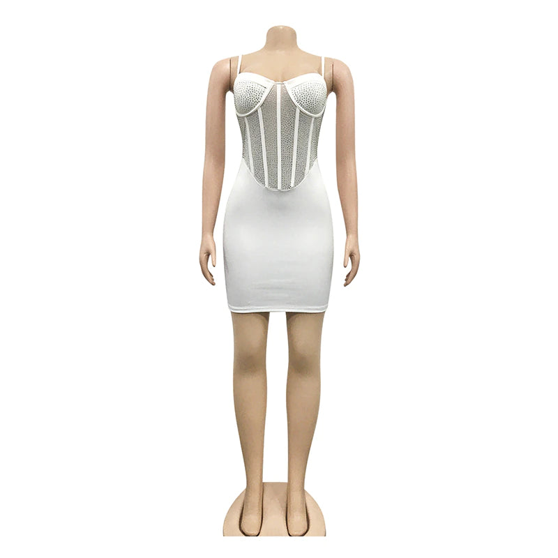 kamames Sexy White Crystal Hot Hot drilling Mini Dress Women Summer Strap Mesh Patchwork Bodycon Glitter Clubwear Dress