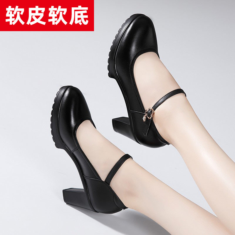 kamames Cowhide Catwalk High Heels Women's Anti-Skid Thick Heel Waterproof Platform Cheongsam Models Soft Leather Work Shoes Women's Singles