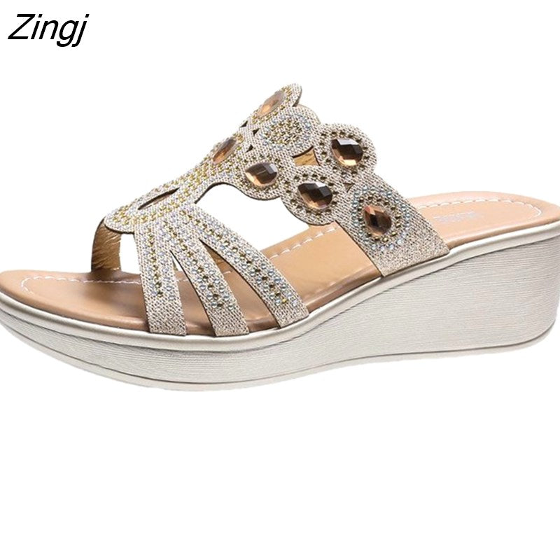 kamames Sandals Women 2023 Ladies Boho Slides Women Slippers Sandals Summer Crystal Shoes Peep Toe Flat Sandals
