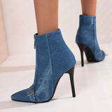 kamames Fashion Denim Women Boots Buckle Thin High Heel Ankle Boots Pointed Toe Front Zipper Autumn Winter Ladies Shoes