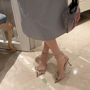 kamames Sandals 2024 Spring Style Ladies Diamond Bow Tie Women's Shoes Thin Heel Baotou French Style