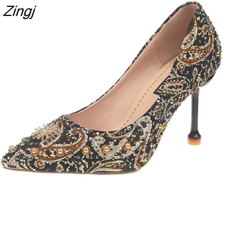kamames crystal metal snow rivets single shoes red/black women wedding shoes pointed toe thin high heels slip on pumps stilettos