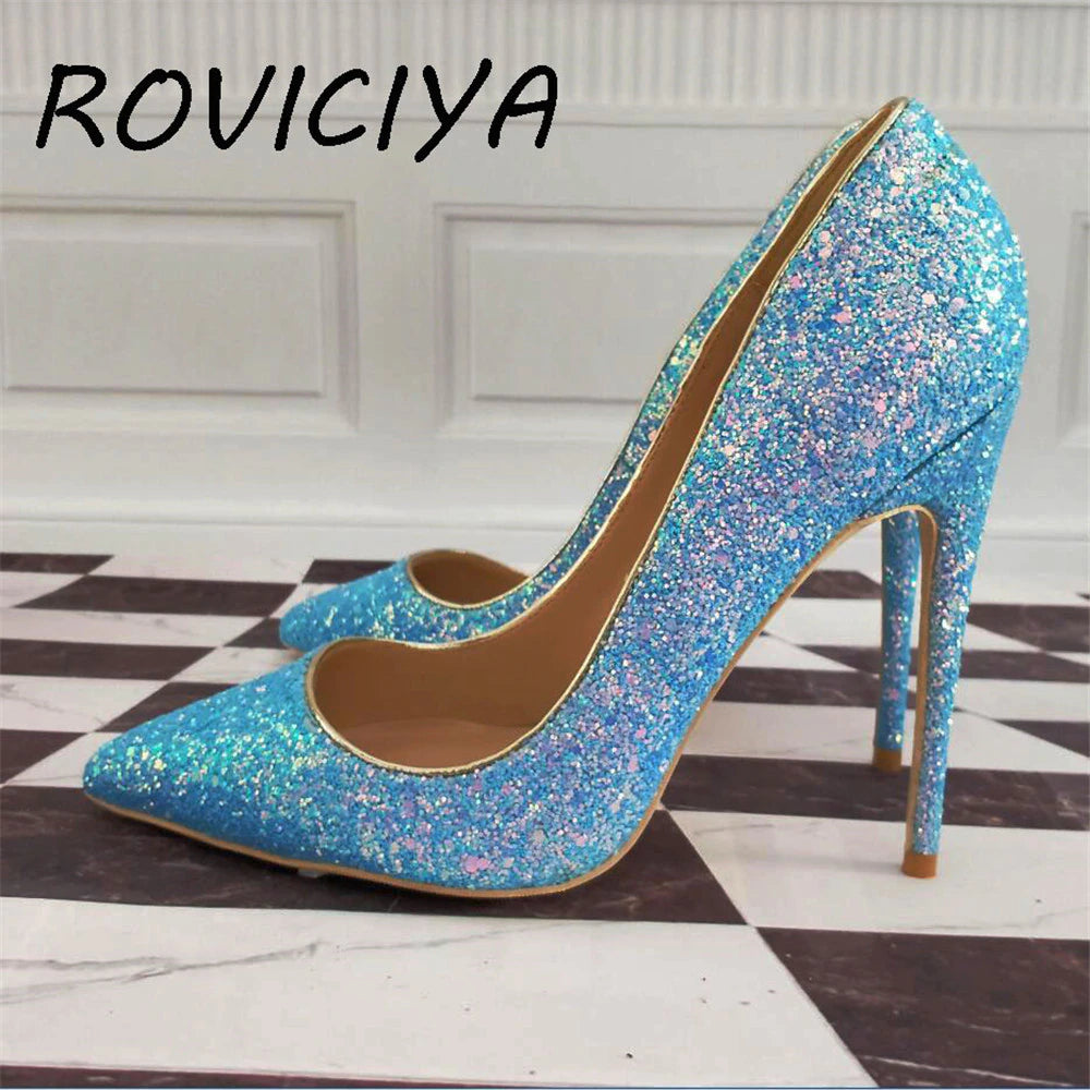 kamames Glitter Shiny Shoes Woman Pointed Toe High Heel Stilettos 12 cm Women Pumps LF003 ROVICIYA