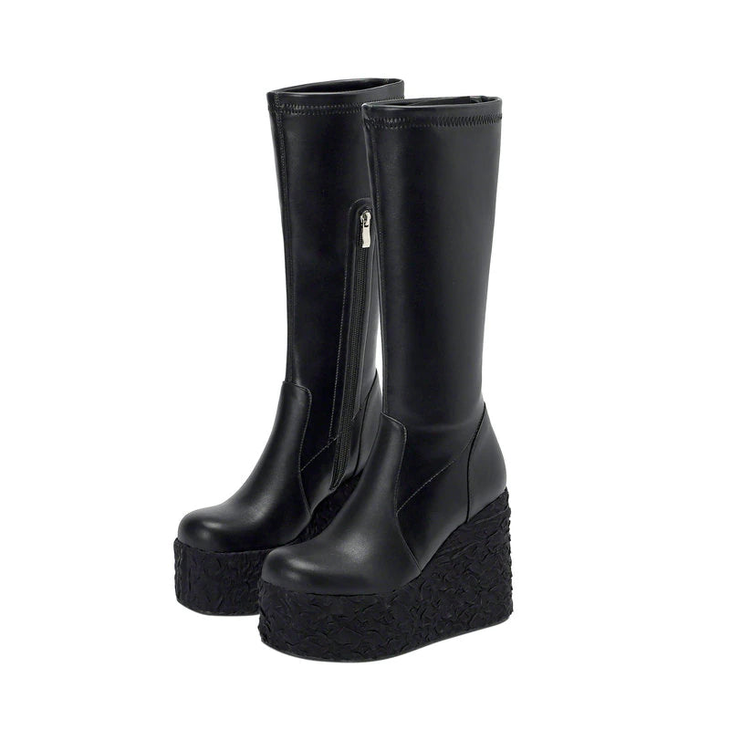 kamames Fashion Wedges Women Knee High Boots Platform High Heel Punk Boots Zipper Autumn Winter Ladies Shoes Black White