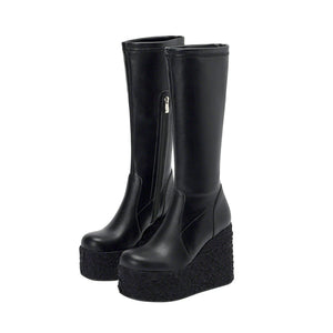 kamames Fashion Wedges Women Knee High Boots Platform High Heel Punk Boots Zipper Autumn Winter Ladies Shoes Black White