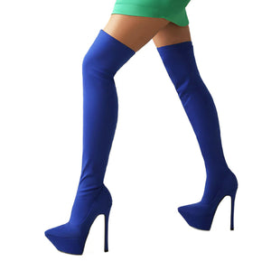 kamames Sexy Stiletto Women's Boots Stetch Fabric Platform Super High Heel Thigh Boots Pointed Toe Autumn Winter Lady Shoes