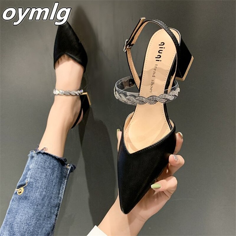 kamames sandals women's summer high heels 2022 new pointed toe back straps rhinestone fairy wind thick heel shoes women