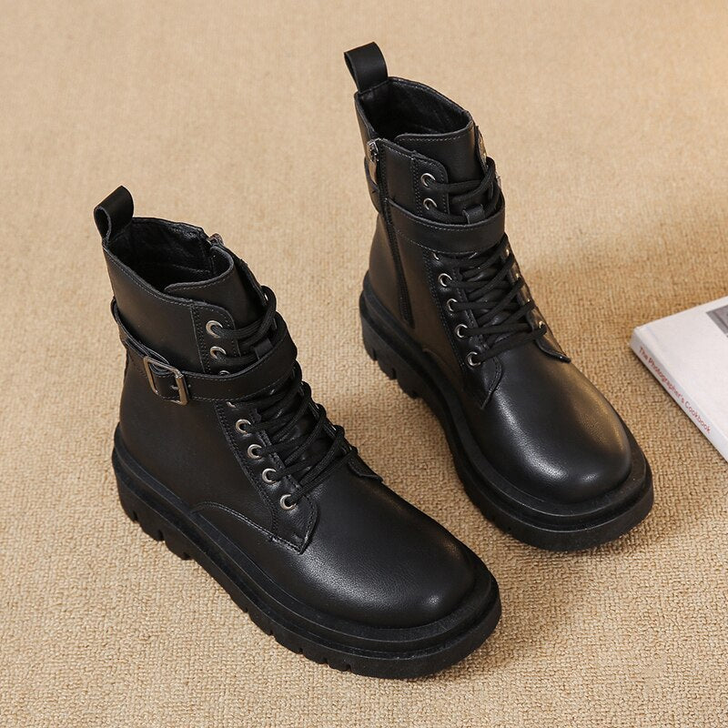kamames Punk Ankle Thick-soled Motorcycle Ankle Boots Women's Lace-up Spring Thick Heel Belt Buckle Pocket Designer Chunky Shoes