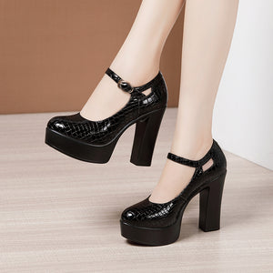 kamames Round-Headed Cheongsam Model Training Walking Shoes Female Crocodile Skin Thick-Soled Waterproof Platform Large-Size Work Shoes