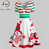 kamames Dress Women Winter Santa Claus Striped Print Elegant Short Sleeve V-neck Xmas Party Midi Sundress