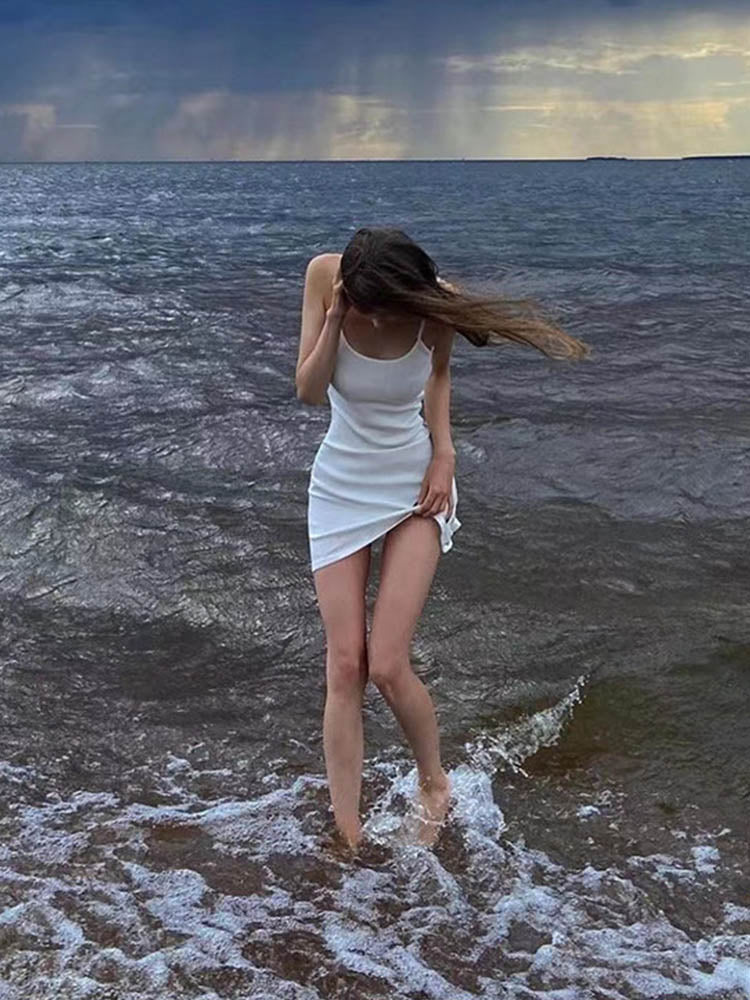 kamames Dress for Women White Spaghetti Strap Sleeveless A Line Mini Dresses y2k Clothes 2000s Aesthetic Dress Beach Wear