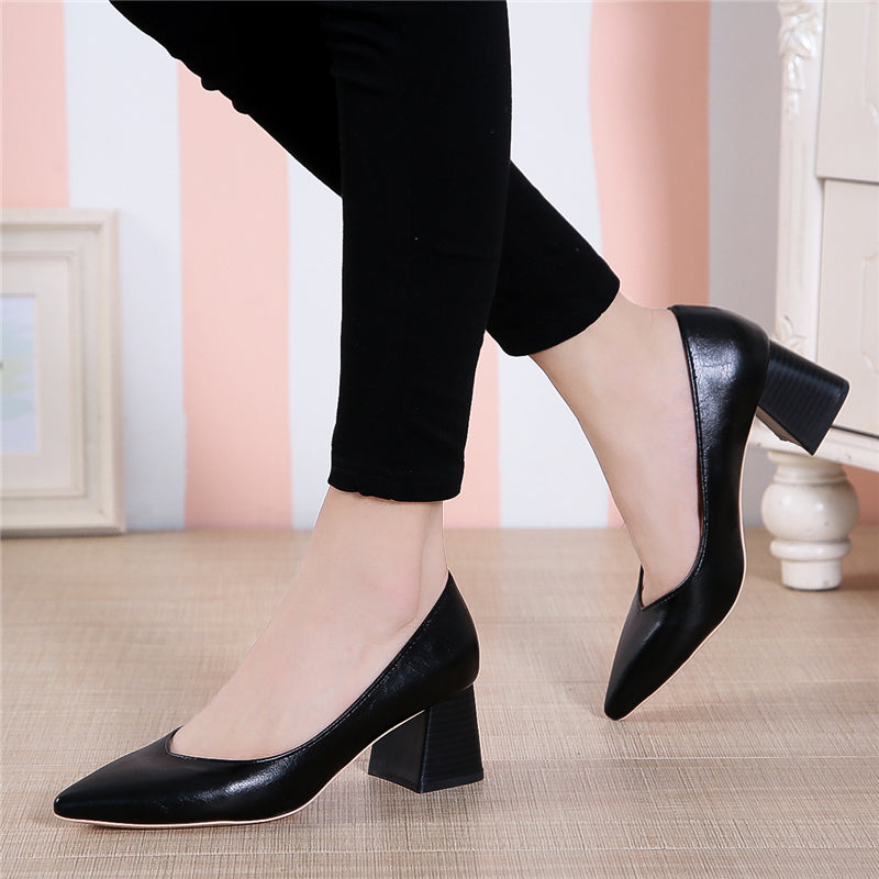 kamames Heels Pointed Toe Pumps Shoes Women Leather Med Heels V Mouth Casual Office Lady OL Shoes 5 cm Heel