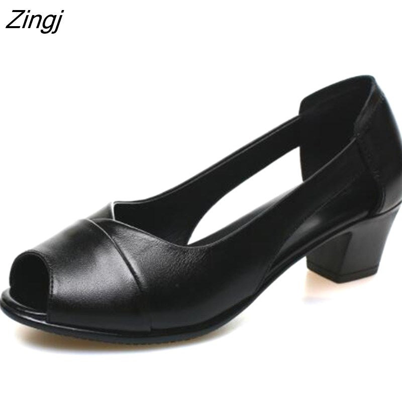 kamames Genuine Leather Comfortable Ladies Mid Heel Sandals Women Shoes Hollow Peep Toe Square Heel Sandals Woman Black