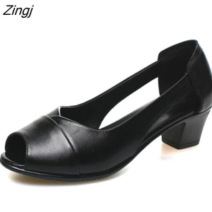 kamames Genuine Leather Comfortable Ladies Mid Heel Sandals Women Shoes Hollow Peep Toe Square Heel Sandals Woman Black