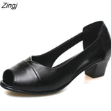 kamames Genuine Leather Comfortable Ladies Mid Heel Sandals Women Shoes Hollow Peep Toe Square Heel Sandals Woman Black