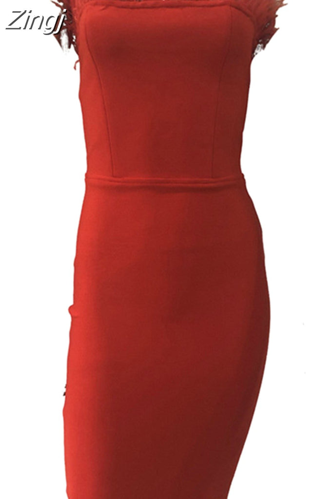 kamames Fur Feather Patchwork Sexy Women Knee Length Dress 2023 Strapless Off Shoulder Party Elegant OL Pencil Dress Vestidos