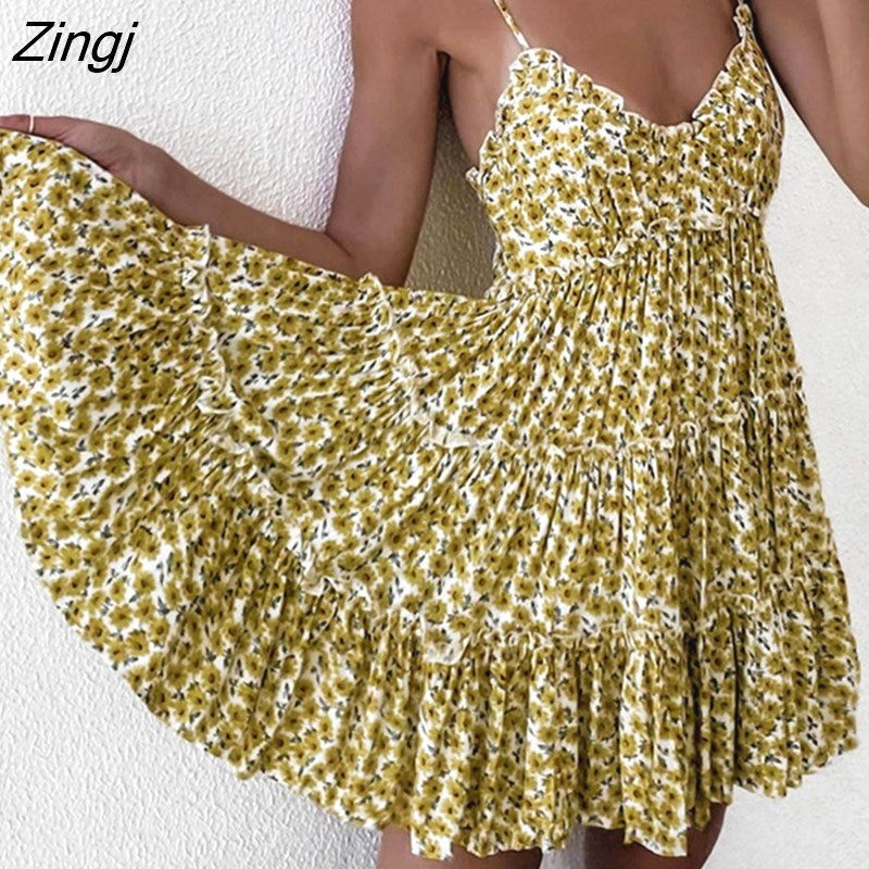 kamames floral sexy halter strap Beach dress for womens A-Line Print Sleeveless Ruffles mini dresses women sexy dress vestido