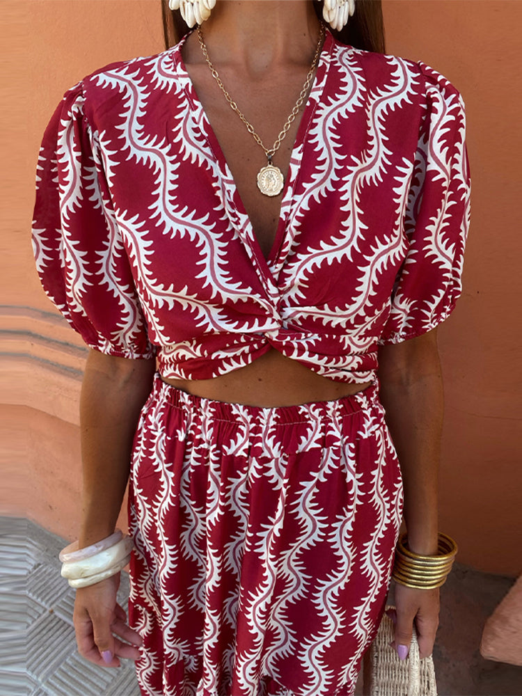 kamames Elegant Print Ruffle Hem Maxi Dress For Women Fashion V-neck Puff Short Sleeve Hollow Out Robe 2024 Lady Vacation Vestido