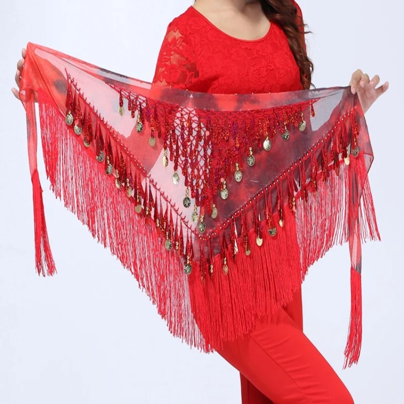 kamames Dance Hip Skirt Scarf For Wrap Waist Belt Bling Golden Coins Sequins Tassels Dance Accessories Chiffon fringe scarf
