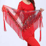 kamames Dance Hip Skirt Scarf For Wrap Waist Belt Bling Golden Coins Sequins Tassels Dance Accessories Chiffon fringe scarf