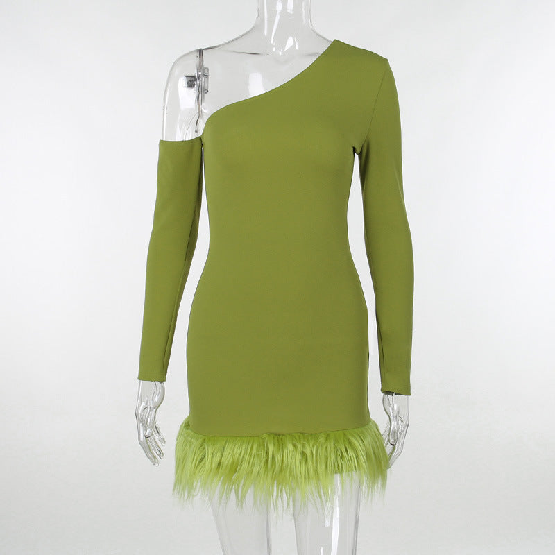 kamames Hairy Pendulum Slanted Shoulder Strap Hip Dress Sexy Slim Spicy Girl Bare Back Fashion Skirt