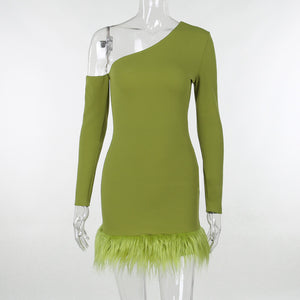 kamames Hairy Pendulum Slanted Shoulder Strap Hip Dress Sexy Slim Spicy Girl Bare Back Fashion Skirt