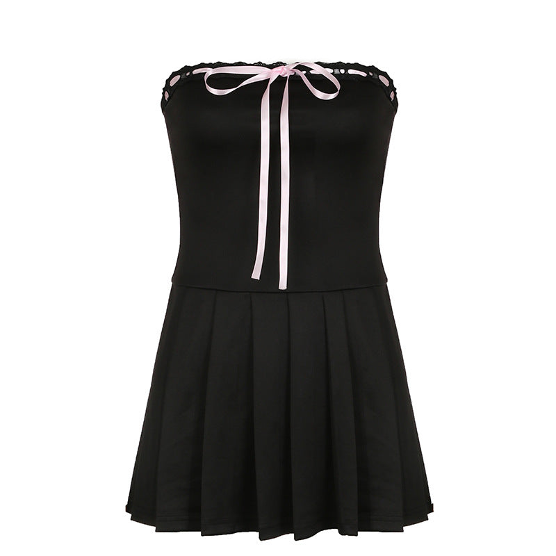 kamames Design Color Tie Bow To Wipe The Breast Skirt With The Word Collar Waist Show Thin Pleated Skirt Dress Woman