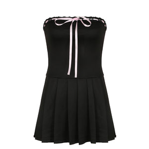 kamames Design Color Tie Bow To Wipe The Breast Skirt With The Word Collar Waist Show Thin Pleated Skirt Dress Woman