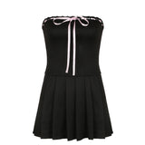 kamames Design Color Tie Bow To Wipe The Breast Skirt With The Word Collar Waist Show Thin Pleated Skirt Dress Woman
