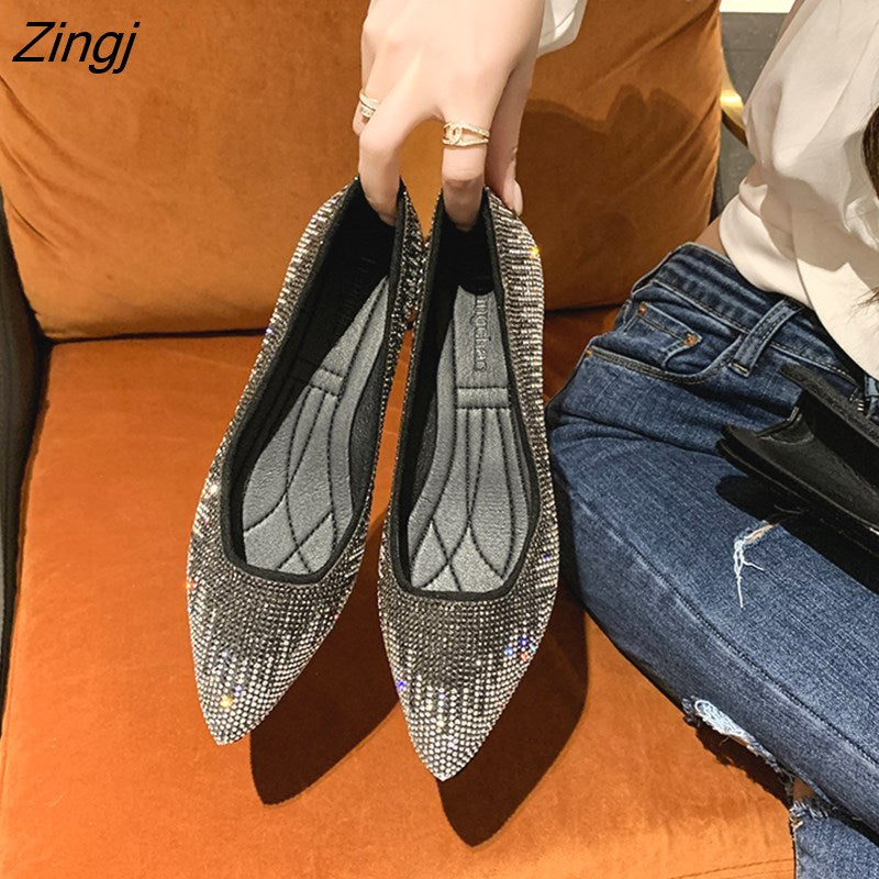 kamames Diamond Flat Shoes Woman Pointed Toe Loafers Flat Shallow Lighter Crystal Shoes Diamond Pointed Hidden Heel Wedding Shoes