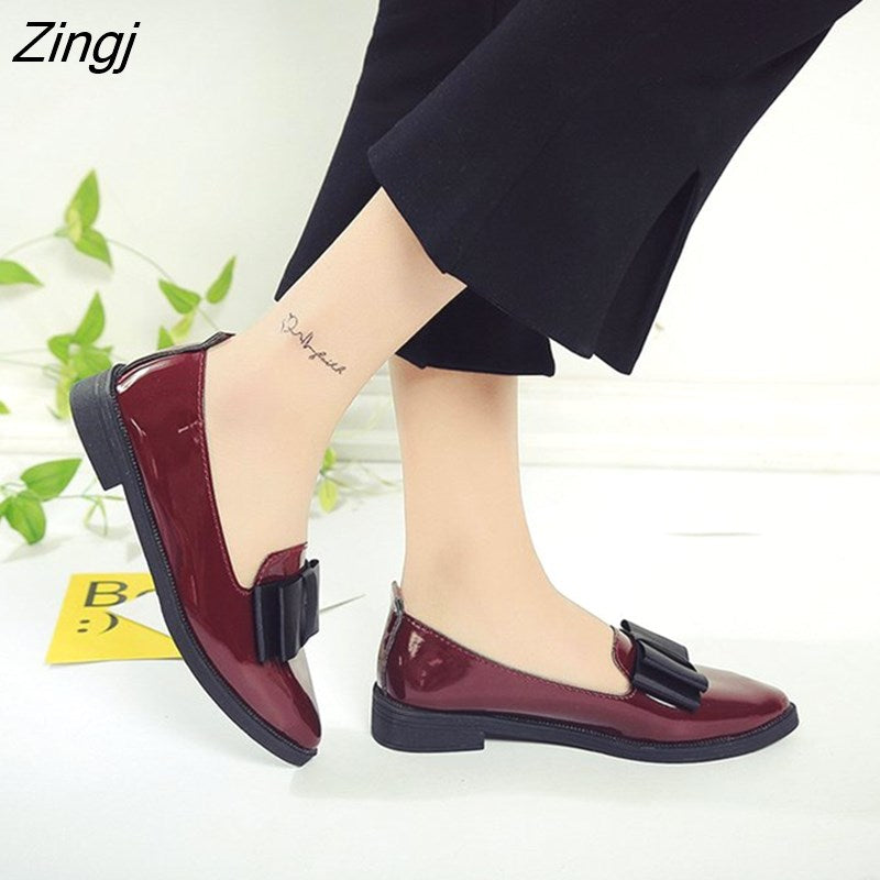 kamames Flats Women Shoes Bowtie Loafers Patent Leather Women's Low Heels Slip On Footwear Female Pointed Toe Thick Heel