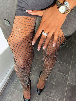 kamames Diamond Mesh Pants Women Sexy Summer Hollow Out Transparent Loose Long Fishnet Pants 2024 New BeachWear Trousers
