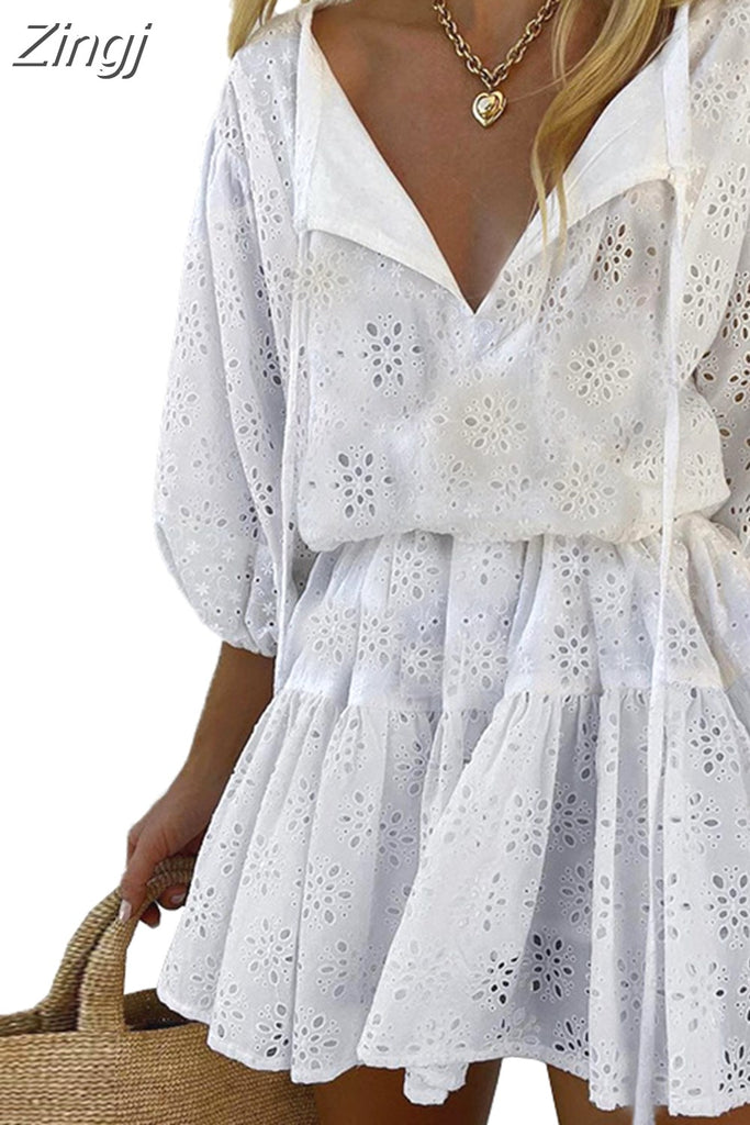 kamames Elegant Women Lace Floral Short Sleeve Mini Dress V-neck Solid High Waist Hollow Out Party Dress Female Vestidos 2023