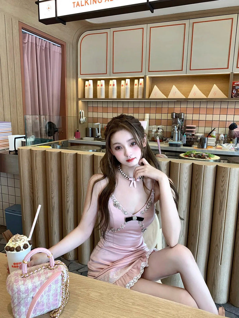 kamames Sexy Patchwork Lace Mini Dress For Women V-neck High Waist Spaghetti Strap Dress Female Clothing