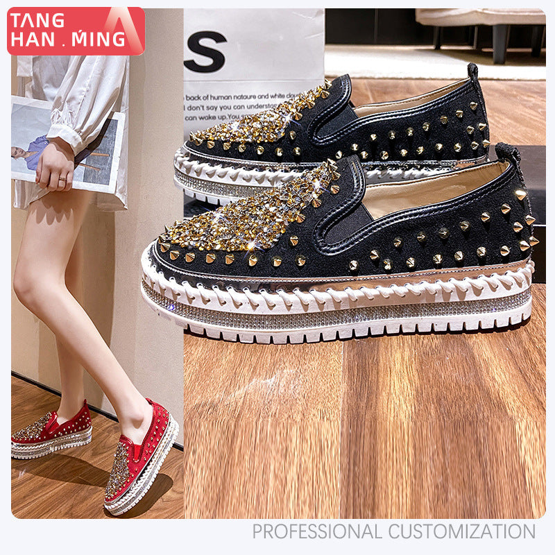 kamames Sales Anti-Wolf Rivet Round Head Low Top Single Shoes Women's Large Size Shoes Flat-Soled Lazy Shoes Women's Single Shoes