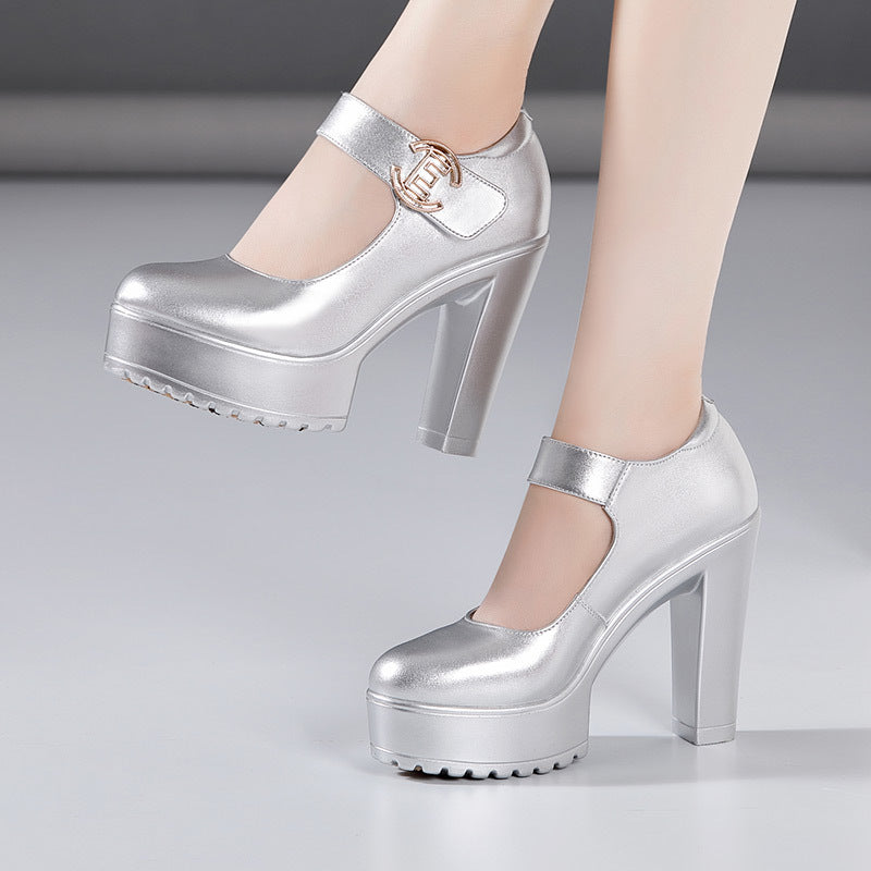 kamames Cowhide Cheongsam Model Catwalk High Heels Women's Non-Slip Round Head Thick-Soled Waterproof Platform Professional Work Shoes Women's Singles Shoes