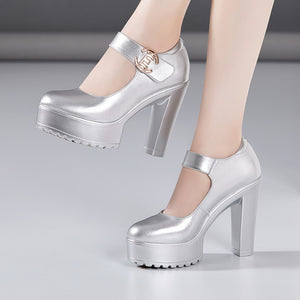 kamames Cowhide Cheongsam Model Catwalk High Heels Women's Non-Slip Round Head Thick-Soled Waterproof Platform Professional Work Shoes Women's Singles Shoes