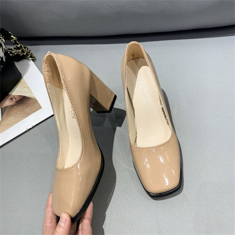kamames heels women's 2022 spring new fashion square head thick heel shallow mouth work OL single shoes large size women's shoes