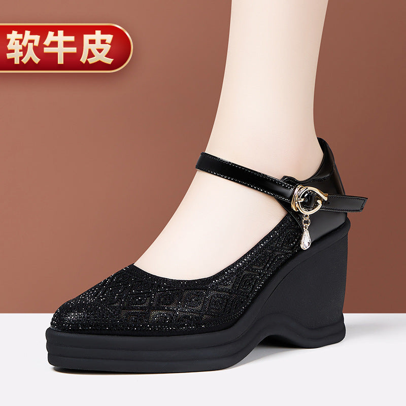 kamames Heel Water Drill Sandals 2024 Summer New Soft-Soled High-Heeled Thick-Soled Waterproof Platform One-Word Buckle Comfortable Hollowed-Out Single Shoes