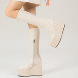 kamames Fashion Wedges Women Knee High Boots Platform High Heel Punk Boots Zipper Autumn Winter Ladies Shoes Black White