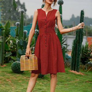 kamames Dot Print Women Summer Dress Single Breasted V Neck Sleeveless Elegant Party Vintage Retro Midi Sundress 2022 Beach