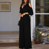 kamames Hollow Off Shoulder Romper Women V Neck Half Sleeve Solid Romper Overall Fashion High Waisted Belt Wide Leg Pants Jumpsuit