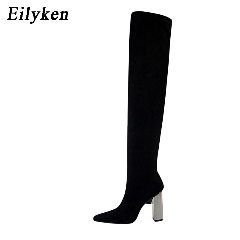 kamames Designer Stretch Cloth Women Over-the-knee Boots Metal Square High Heel Shoes Sexy Pointed Toe Ladies Motorcycle Booties